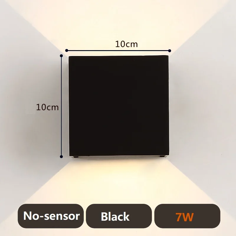 PIR датчик движения Открытый светодиодный настенный светильник квадратный водонепроницаемый IP65 крыльцо сад настенный светильник наружный светильник - Испускаемый цвет: 7W no-sensor black