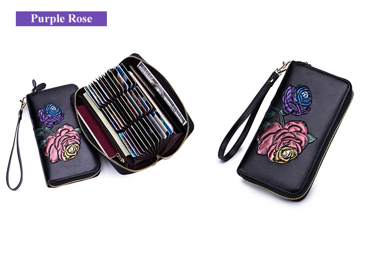 Lomelobo Long Hand Painted Card Wallet Lady Split Leather Rose Flowers Women Purse Girl Business RFID Credit Card Holder HPLA105 Details (17)