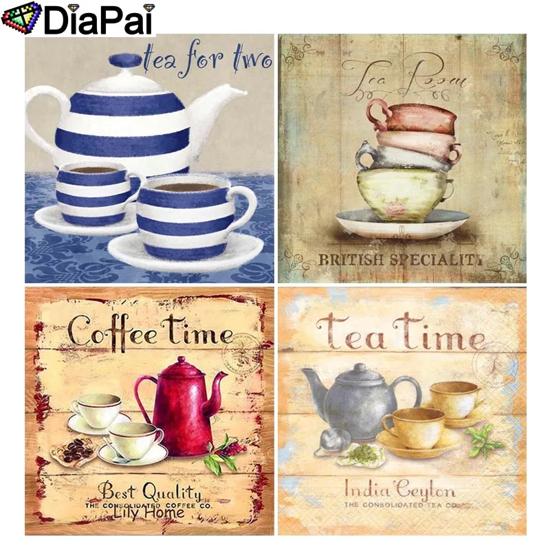 DIAPAI 5D DIY Diamond Painting Full Square/Round Drill &quotTeacup pot landscape text" 3D Embroidery Cross Stitch Decor Gift | Дом и сад