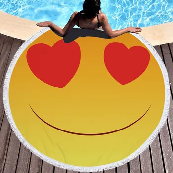

Diameter 150cm Summer Swimming Bath Towel yellow red love Expression large Round Microfiber Beach Towel Mat Carpet soft Blanket