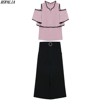 

Fashion Set WomenTemperament Ruffles Ruffled Cold Shoulder Color Block Top And Ankle-Length Pockets Wide Leg Pants Set