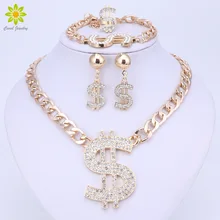 Золото Цвет хип-хоп bling знак доллара кулон комплект ювелирных изделий доллар с горный хрусталь кулон Цепочки и ожерелья Серьги кольцо, браслет