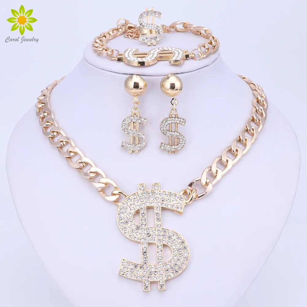 Золото Цвет хип хоп bling знак доллара кулон комплект ювелирных изделий доллар с