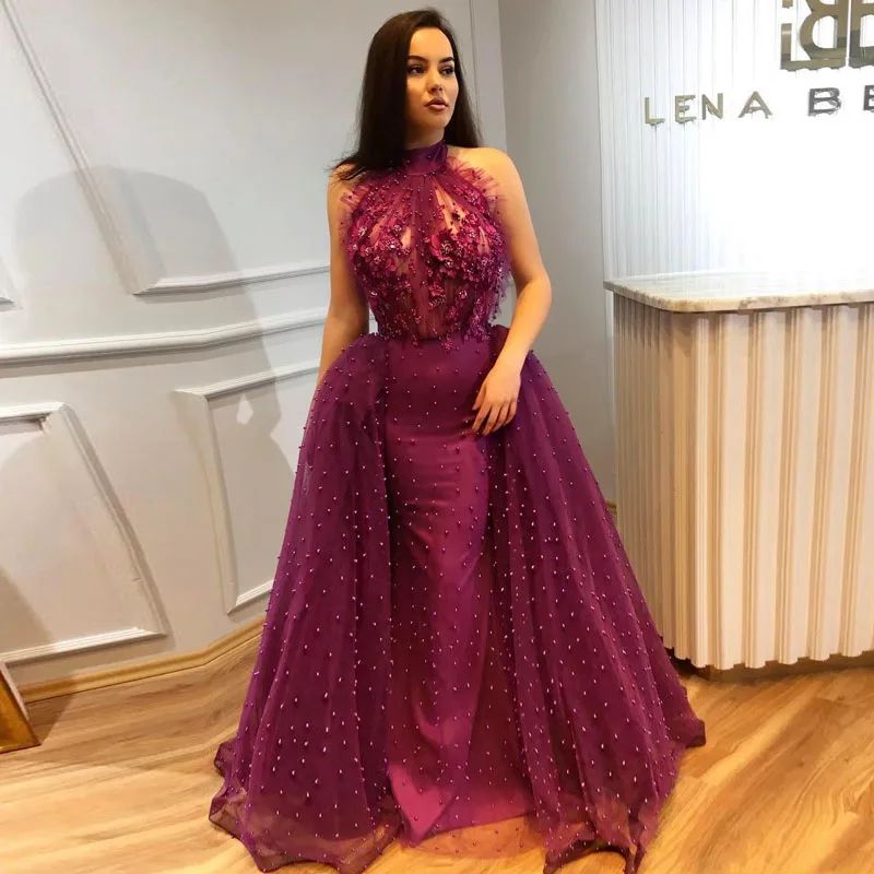 African Mermaid Overskirts Prom Dresses Illusion High Neck Beaded Evening Gowns 3D Floral Appliqued Formal Party Dress