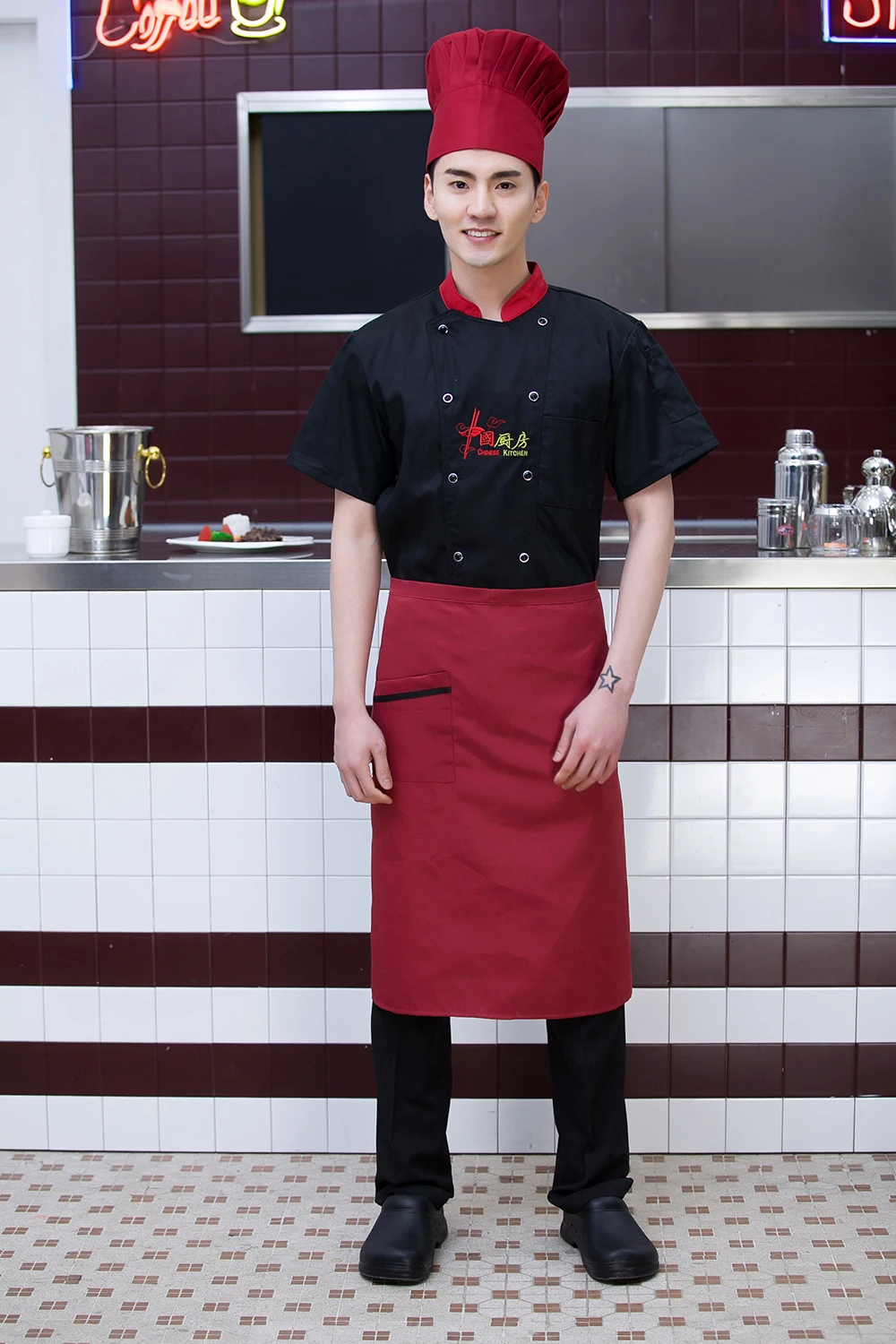 Китайский ресторан вышивка с коротким рукавом двубортный летний Кухня Ресторан испечь шеф-повар куртка официант спецодежды форма