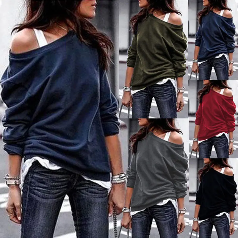 

Sweater Off-the-shoulder One-neck collar solid color pullover 2018 Autumn and winter Fashion Generous Round Neck Long-sleeved