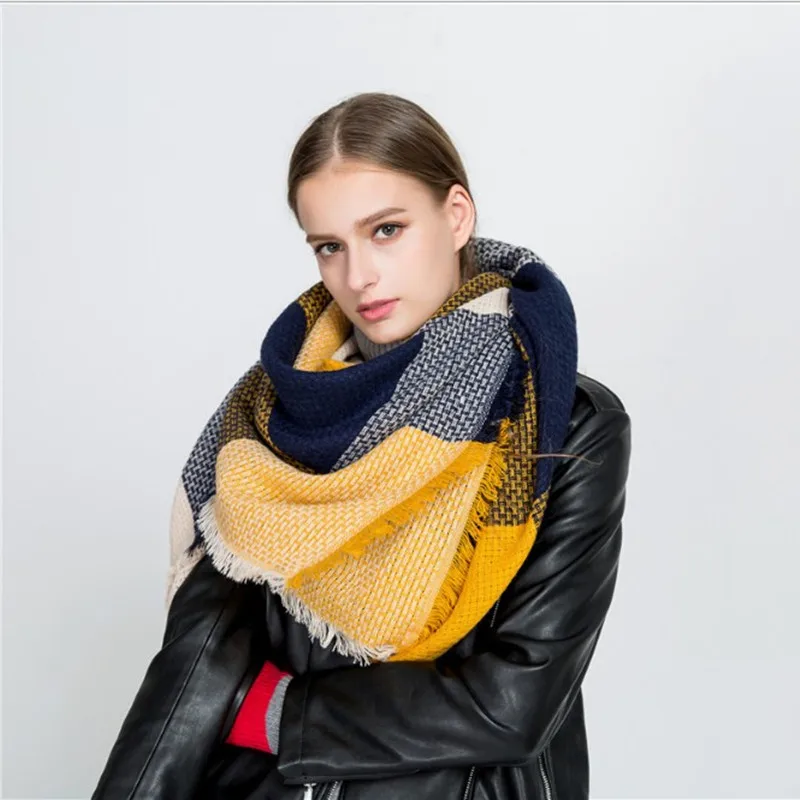 Baratos Bufanda de invierno de marca de lujo a la moda para mujeres con costura cuadrada de Cachemira a cuadros urdimbre tejido grueso chales y Manta de envoltura Envío Directo