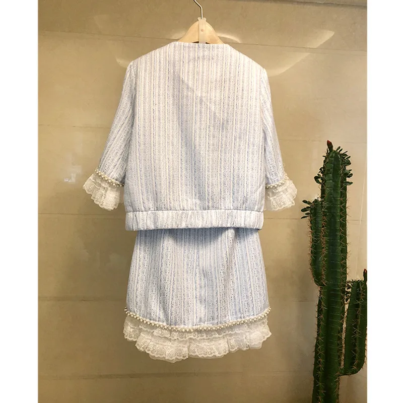 Spring new fashion small fragrance suit female beaded patchwork lace striped ladies style short skirt two-piece sets of tide Spring new fashion small fragrance suit female beaded patchwork lace striped ladies style short skirt two-piece sets of tide