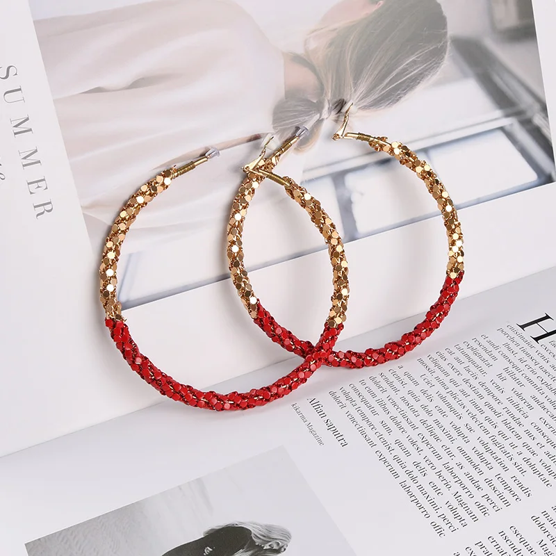 90mm Large Circle Exaggerated Sequin Twine Gold Clip on Earrings Hoops for Women with Cushion Pad No Pierced Fashion Jewelry