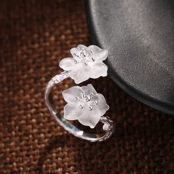 

S925 Sterling Silver Rings inlaid white crystal flowers, simple shape art ring