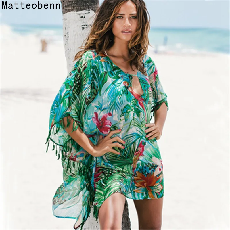 Женское пляжное парео с принтом, шифоновая накидка, Saida De Praia, туника, летнее платье, Пляжное бикини, накидка, купальник, кафтан, пляжная одежда - Цвет: Зеленый