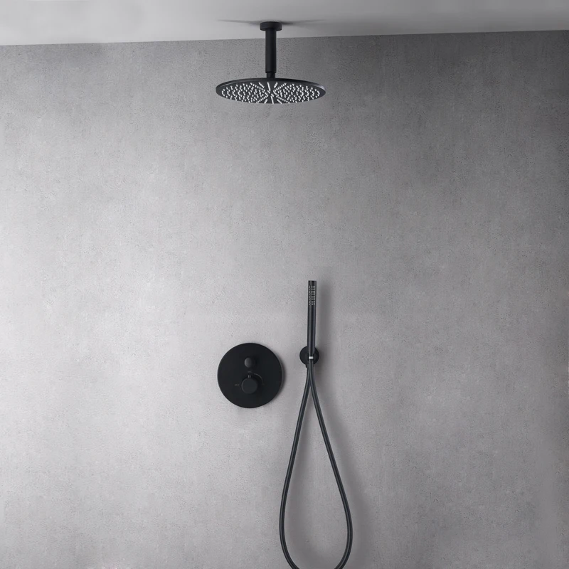 

Brass Black Shower Faucets 30cm Rainfall Shower Head Bathroom Shower Set Diverter 2 Ways Thermostatic Valve Shower System Round
