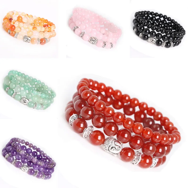 

3pcs/Set Natural Stone Bracelets Bangles Elastic Rope Buddha Head Charm Bracelet for Women , Energy Bracelet