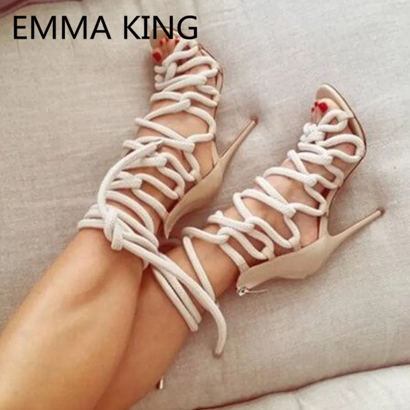 

New Hemp Rope Design Women Gladiator Sandals Open Toe Cross-Tied Sexy Thin High Heels Ladies Summer Party Shoes Woman Sandalias