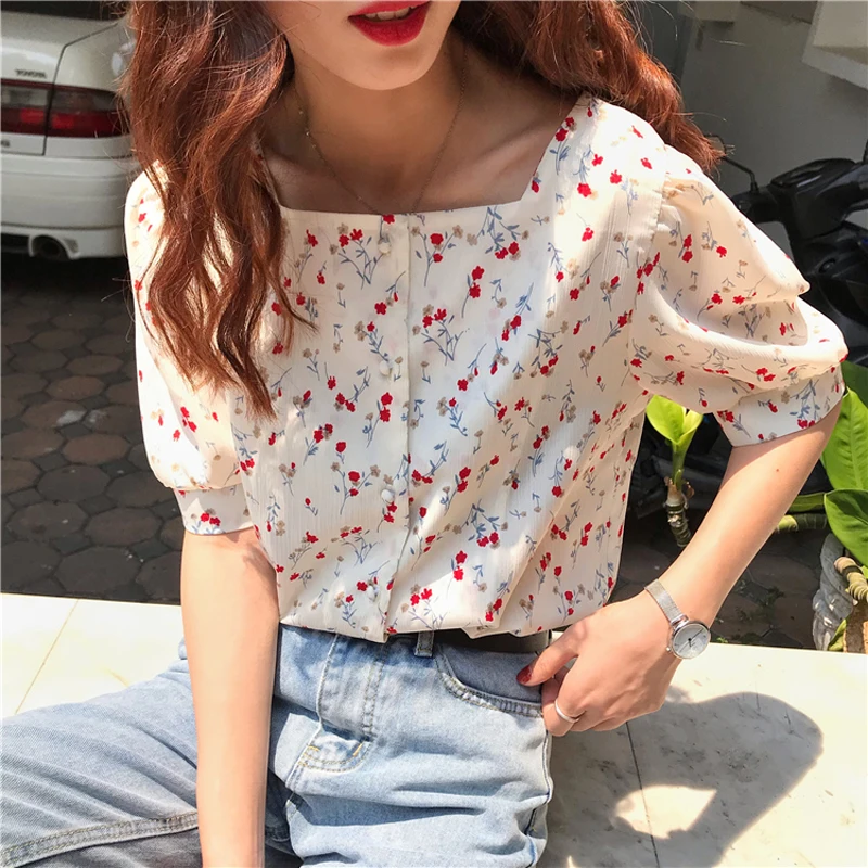 

Korean New Chic Floral Printed Square Collar Short Sleeve Blouse Women 2019 Summer Small Fresh Shirt Femme Casual Tops