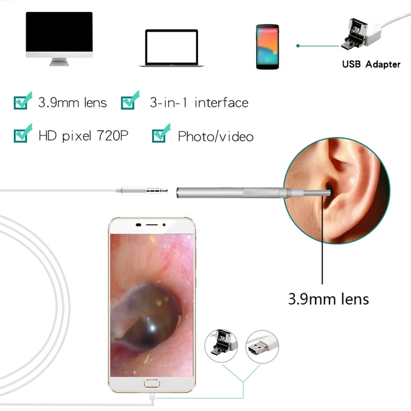 3,9 мм HD визуальная Ушная ложка эндоскоп Портативный Бороскоп 3 в 1 USB ушной инструмент для чистки с мини-камерой