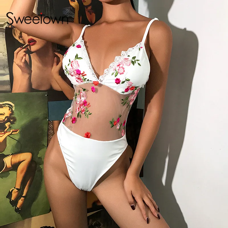 

Sweetown White Mesh Patchwork V Neck Sexy Bodysuit Swimwear Women Chinese Style Peony Embroidery Thick Spaghetti Strap Bodysuits