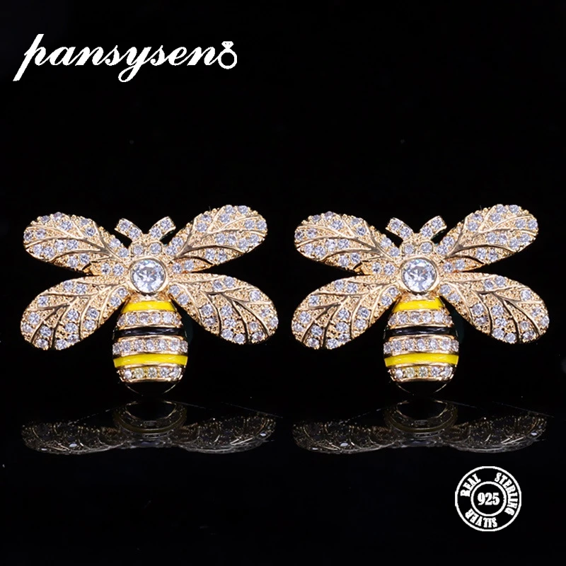

PANSYSEN High Quality 100% 925 Sterling Silver Bee Design Gold Color Spinel Stud Earrings for Women Fashion Silver Fine Jewelry