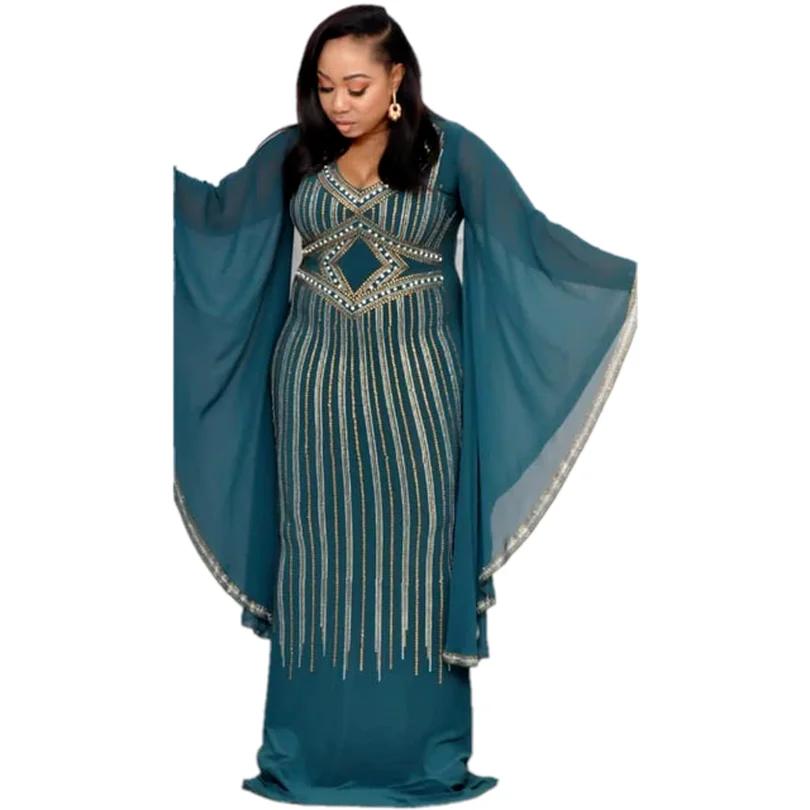 

Purple Chiffon Dresses New African Women's Fashion Flare Sleeve Beaded Embroidery Floor-Length Long Dress Party Vestidos