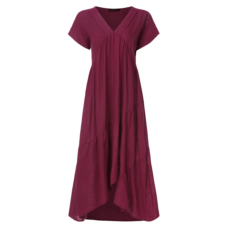 ZANZEA, летнее богемное платье с v-образным вырезом, коротким рукавом, оборками, Vestido, женское элегантное платье для работы, Женский однотонный праздничный сарафан, халат, туника - Цвет: Wine Red