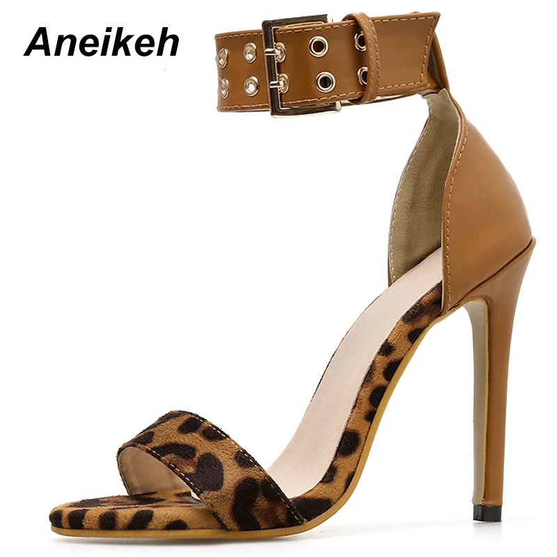 

Aneikeh 2019 Fashion Flock Sandals Women's Leopard grain Gladiator Buckle Strap Thin High Heels Sandals Office Shallow Size35-40