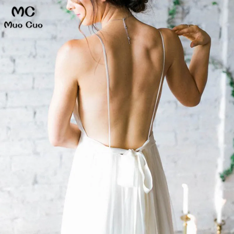 A-line Deep-V Sweep Train Chiffon Simple Wedding Dresses67_