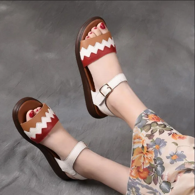 

2019 Summer New Genuine Leather Sandals Low Wedges Summer Shoes Open Toe Platform Sandals Women Casual Shoes