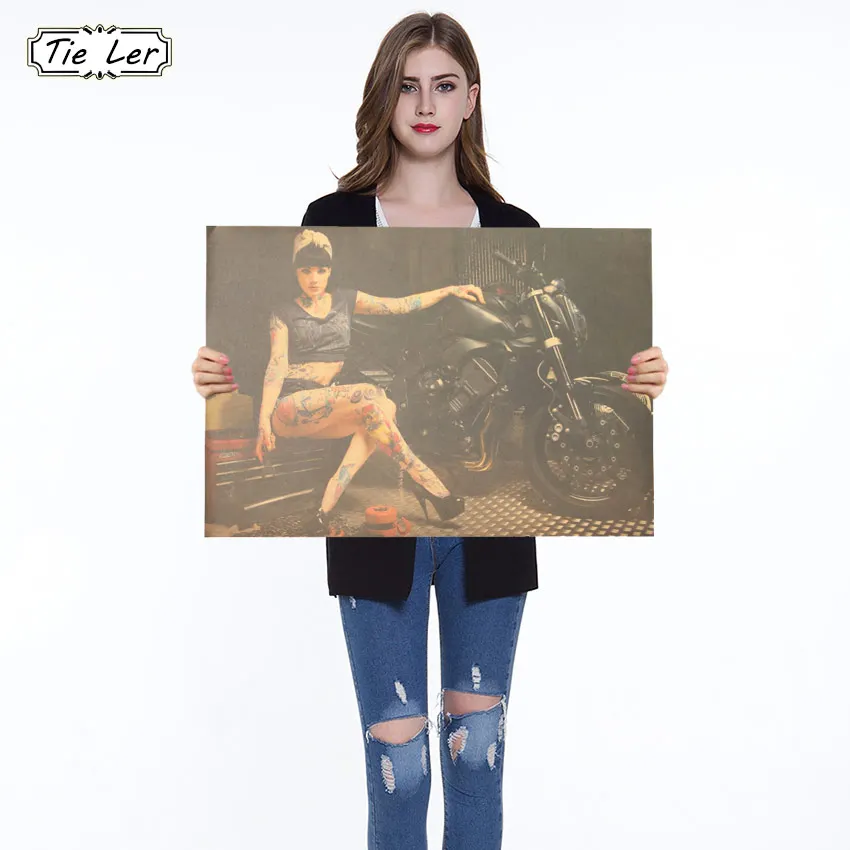 

Vintage Paper Retro Posters Sexy Beauty and Motorcycle Vintage Wall Sticker Decor 51.5X36cm