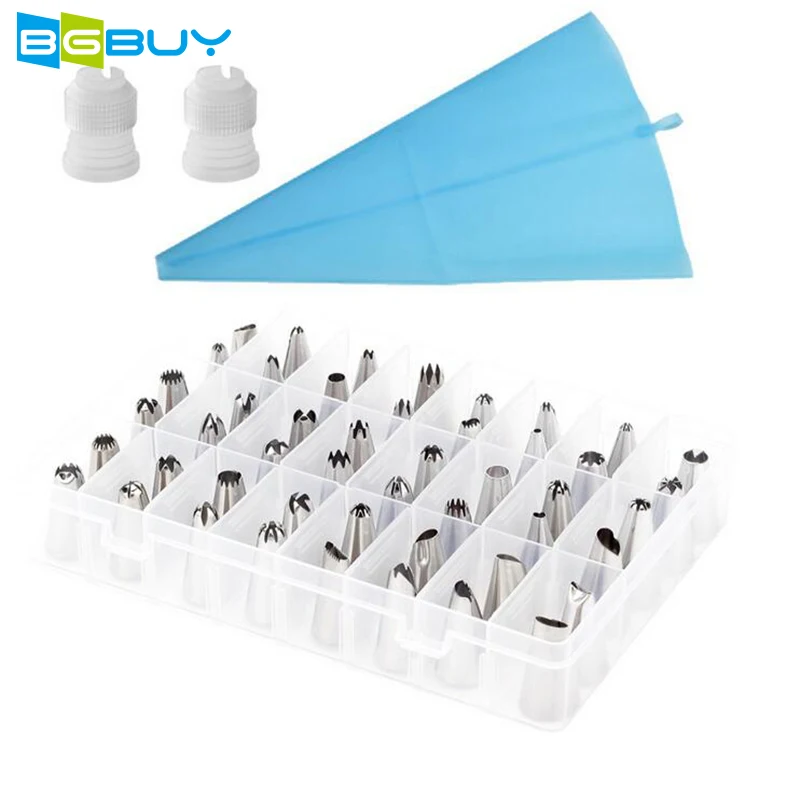 

38/48 Pieces Cake Decoration Tips Set Stainless Steel Piping Nozzle Kit Set with Silicone Pastry Bag Coupler for Cake Cookies