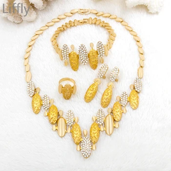

Liffly Indian Creative Fashion 18 Gold Jewelry Sets Crystal Necklace Bracelet Earrings for Women Bride Wedding Accessories