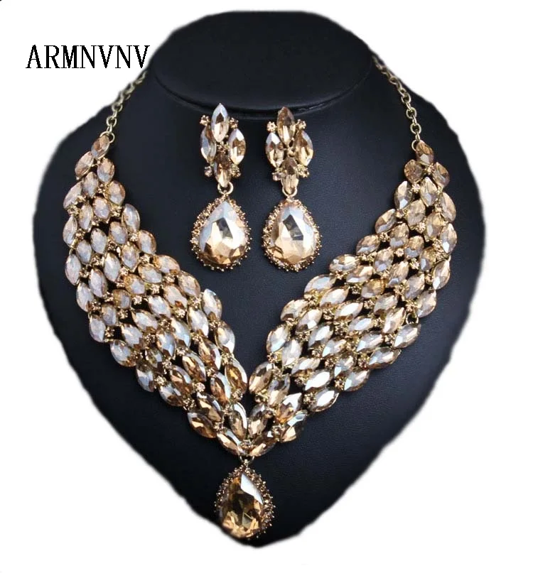 ARMNVNV Big African Crystal Necklace Earring set Bridal Jewelry Sets for Brides bridesmaid Wedding Party Decoration Gifts Women | Украшения