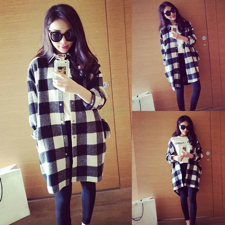 New Fashion Plaid Shirt Women Loose Long Blouse Tops Check Shirt