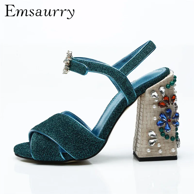 

New Cross Belt Ankle Strappy Gladiator Sandals Women 10cm Diamond Chunky Heel Crystal Bling Sequins Glitter Lady Shoes