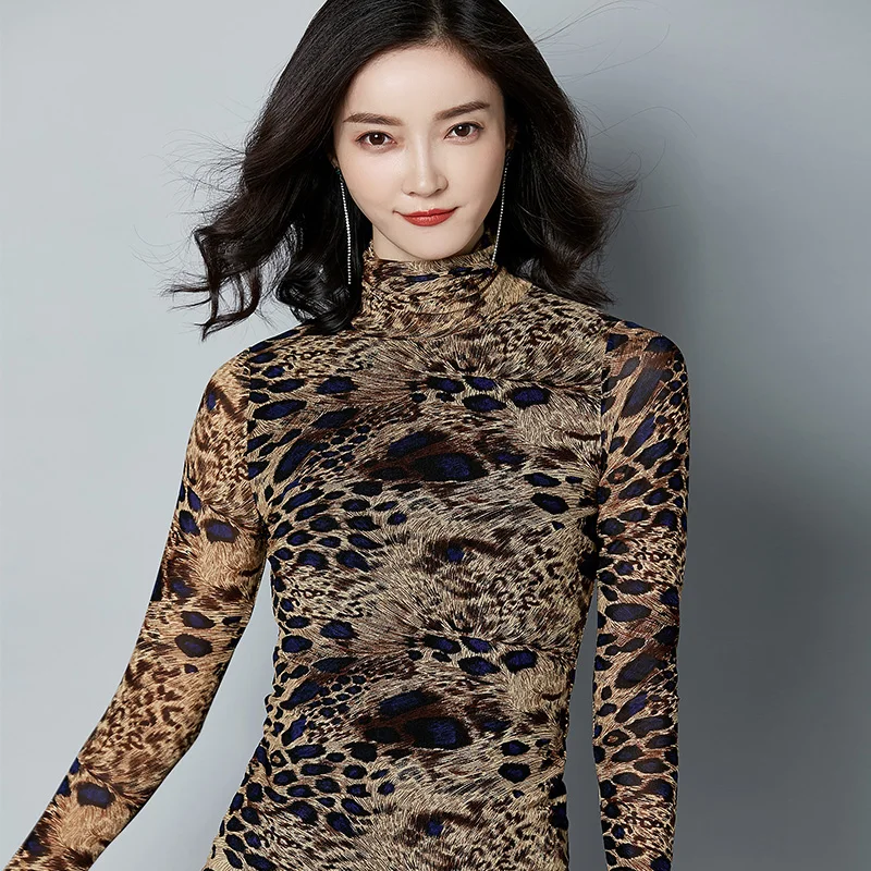 turtleneck leopard designer fashion brand fall winter t shirts basic Womens lady Tops mesh slim 