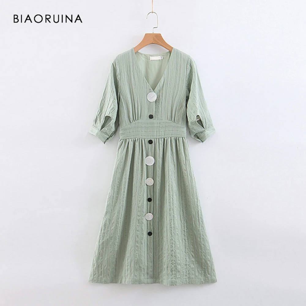 

BIAORUINA Women Vintage Solid A-line Dress Buttons Decoration Female High Waist V-neck Elegant Dress Summer Lined Vestidos