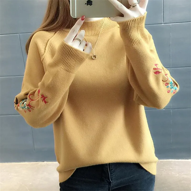 Поступления Knitwears осень вышивка вязаный Сгущает эластичный свитер для женщин Повседневное Водолазка Длинные рукава пуловеры для Зима
