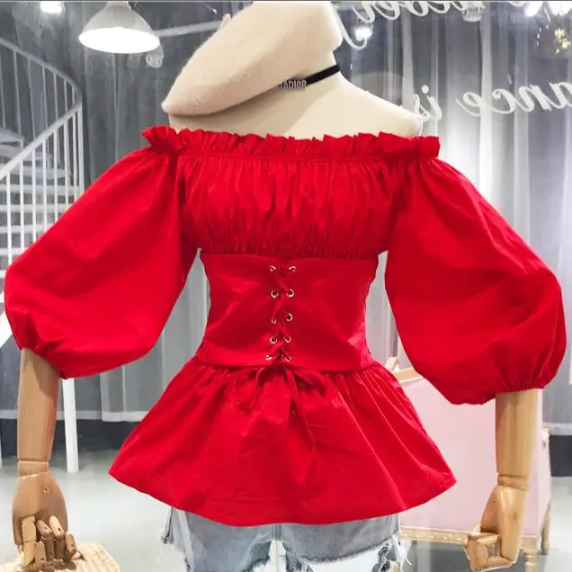 Black Lace-up Off The Shoulder Lantern Sleeves Blouses Black Lace-up Off The Shoulder Lantern Sleeves Blouses