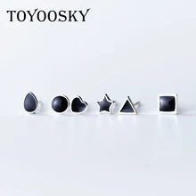 TOYOOSKY, 925 пробы, серебряные, Tremella, для ногтей, классические, черные, для женщин, мужчин, квадратные, круглые, маленькие, сердце, серьги-гвоздики, геометрические, для ушей, еврей