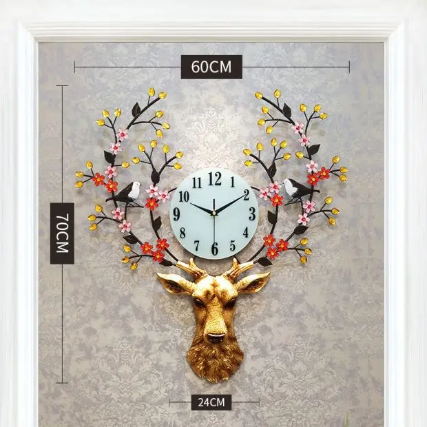 Горячая, современный дом тихий гостиная настенные часы скандинавские 3D голова оленя часы креативные Reloj De Pared модные декоративные кварцевые часы - Цвет: A  70cmx60cm