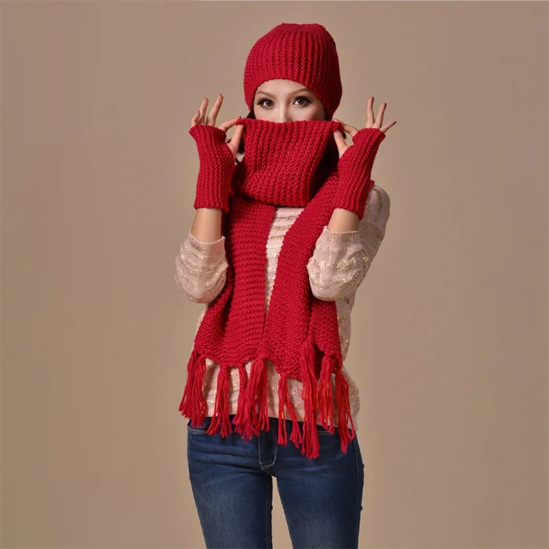 3-piece suit Scarf Hat And Gloves Women Knitted Warm Girls Thicken Knitting Skull Caps Beanie Ball Hats Glove Sets F2