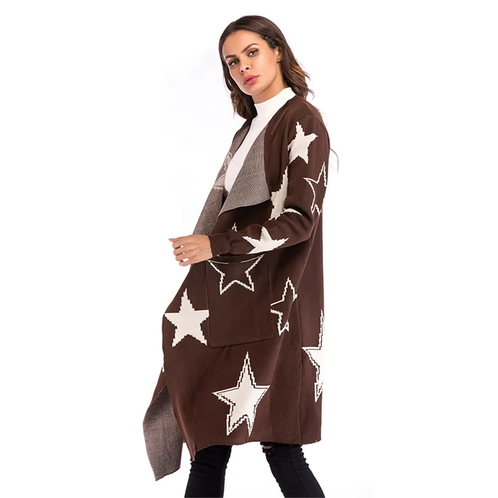 2018 Knit Jacket Women's Autumn Loose Star Pattern Knit Cardigan in the Long Coat
