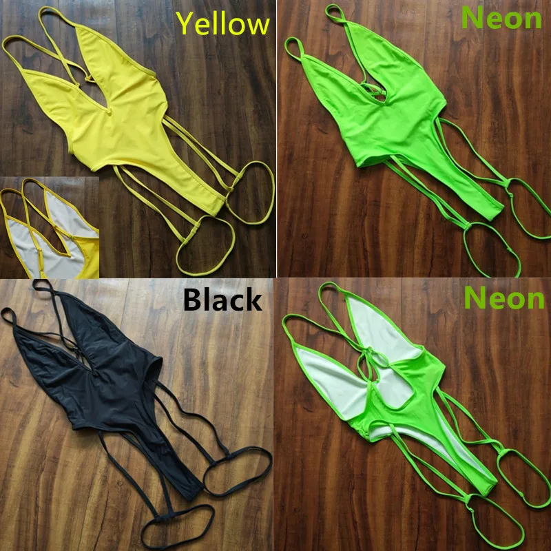 Сексуальный купальник-стринги для женщин, 1 Цельный купальник, монокини с высокой талией, неоновый зеленый глубокий v-образный вырез, купальник, женский черный купальник, XL