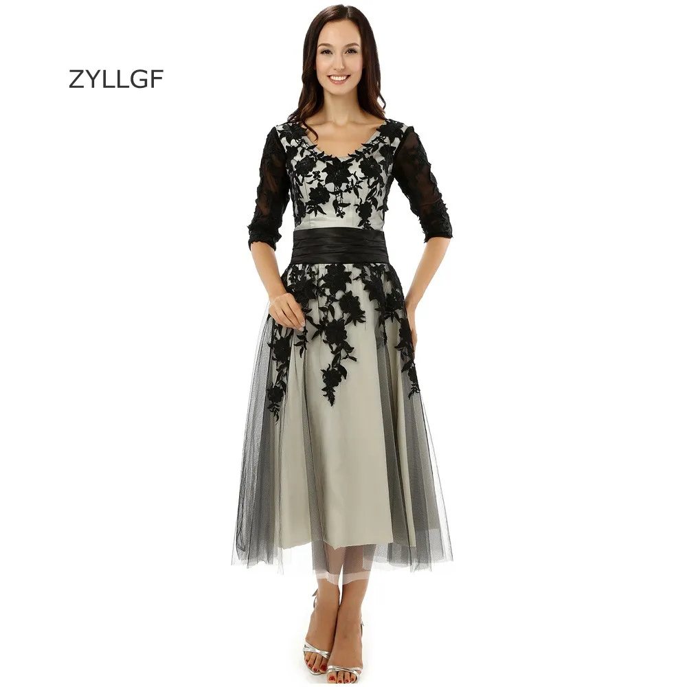 ZYLLGF Vestido De Formatura Лонго принцессы с v-образным вырезом Чай Длина Половина рукава нарядные платья для свадьбы с черными аппликациями Q159