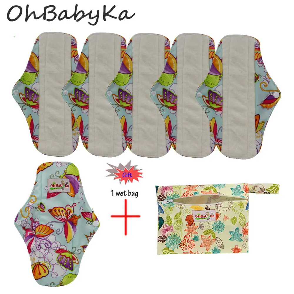 Ohbabyka 6pcs Menstrual Pads Washable Sanitary Pads Bamboo Cloth Pads Reusable Waterproof Panty Liners and 1pc