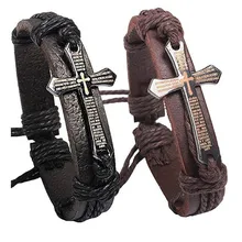 Cross Leather Bracelet for Men Confirmation Gifts for Boys Religious Fashion Alloy Letter Scripture Bangle Cross Cuff Bracelets