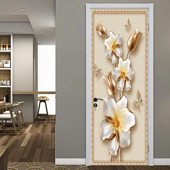 

Beautiful Luxury Gold Flower Door Stickers Wallpapers 3d Butterfly Deursticker Bedroom Autocollant Porte Home Decor Poster QZ136