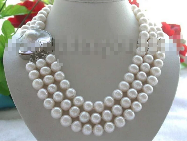 

3rows 20" Genuine Natural 12mm Rould white Pearl Necklace mabe clasp!^^^@^Noble style Natural Fine jewe FREE SHIPPING