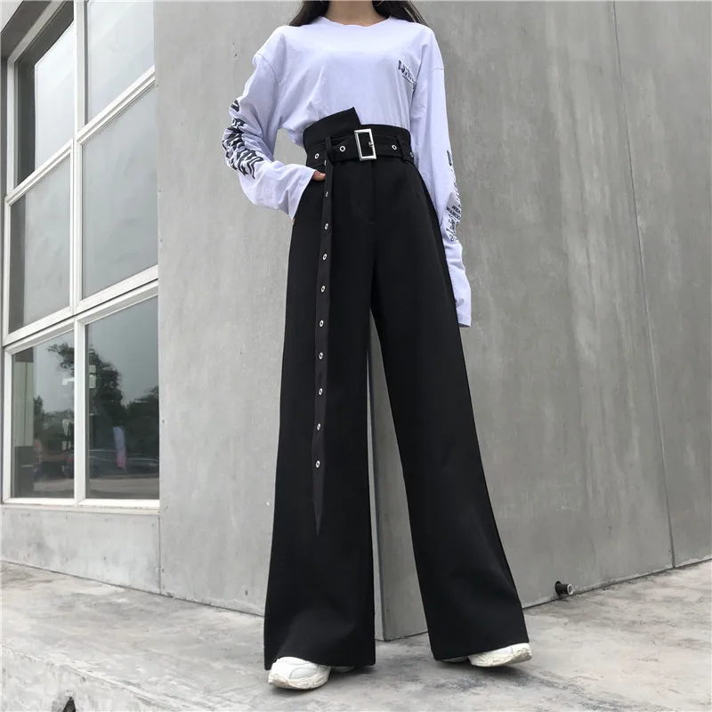 Pantalones Mujer Cintura Alta Harajuku, Корейский кружево до брюки плюс размеры для женщин, уличная Drawstring Брюки-клеш