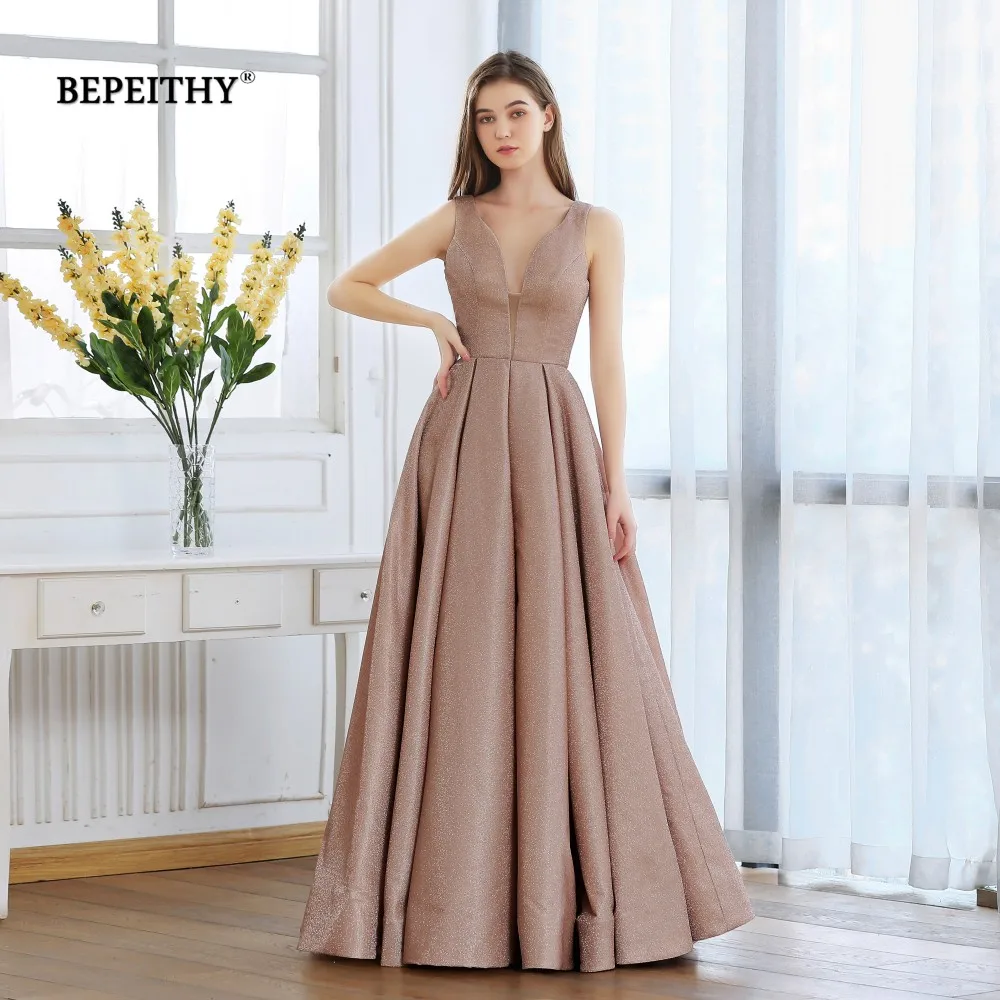 BEPEITHY Новое ТРАПЕЦИЕВИДНОЕ блестящее Золотое вечернее платье длинное Robe De Soiree Светоотражающие Сексуальные вечерние платья на выпускной с открытой спиной Abendkleider