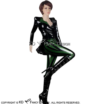

Black With Green Sexy Latex Jacket Blouse With Frills And Zipper At Front Rubber Pants Leggings With Stripe YF-0059